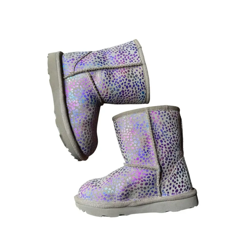 UGG Classic II Spots Boots Girls Size 10 Chestnut Suede Metallic Rainbow